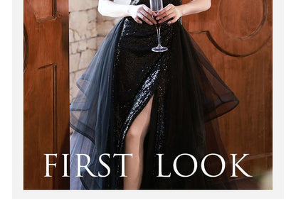 Spaghetti Strap V-Neck Sequin Mesh A-Line Evening Gown