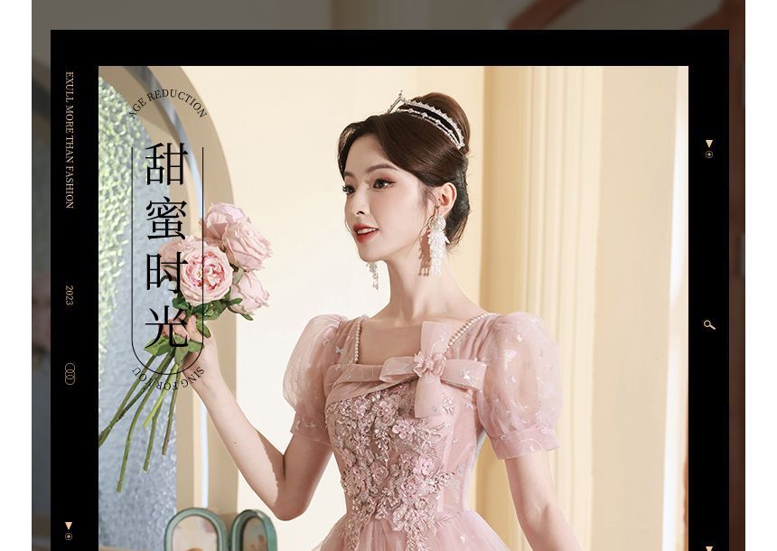 Short-Sleeve Square Neck Lace-Up Back Mesh A-Line Evening Gown