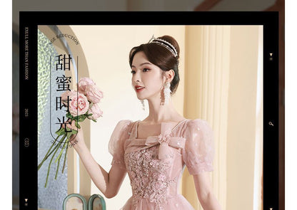 Short-Sleeve Square Neck Lace-Up Back Mesh A-Line Evening Gown