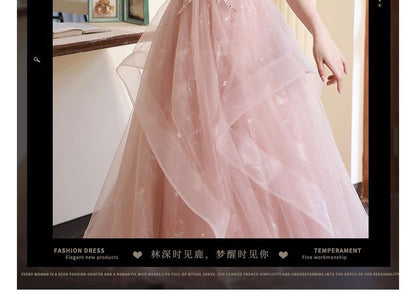 Short-Sleeve Square Neck Lace-Up Back Mesh A-Line Evening Gown