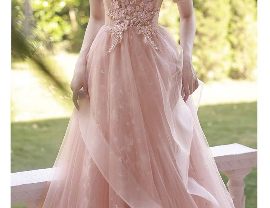 Short-Sleeve Square Neck Lace-Up Back Mesh A-Line Evening Gown