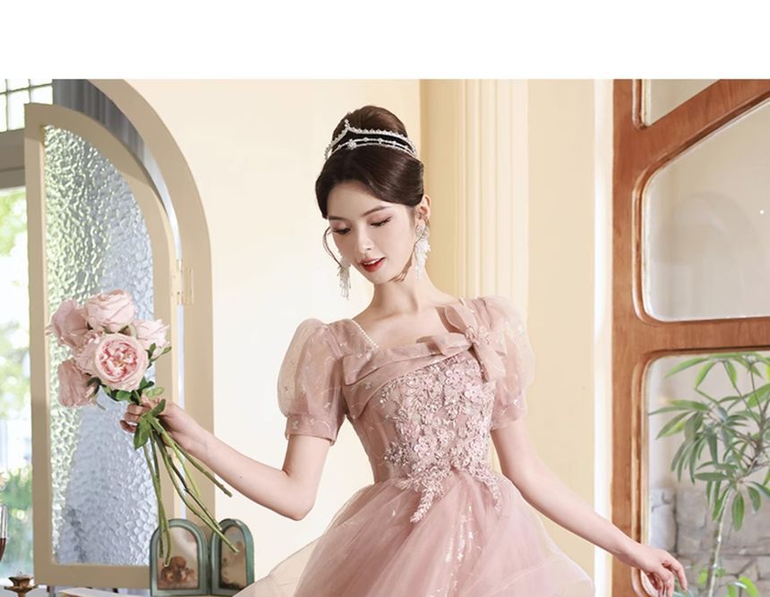 Short-Sleeve Square Neck Lace-Up Back Mesh A-Line Evening Gown