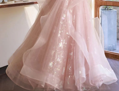 Short-Sleeve Square Neck Lace-Up Back Mesh A-Line Evening Gown