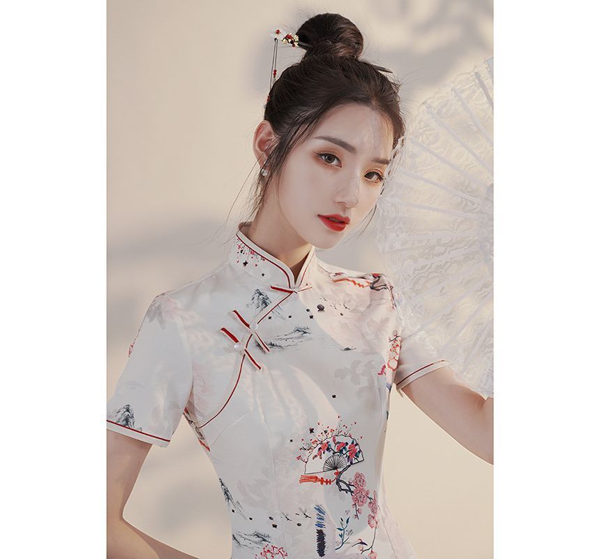 Short-Sleeve Crane Mini Qipao