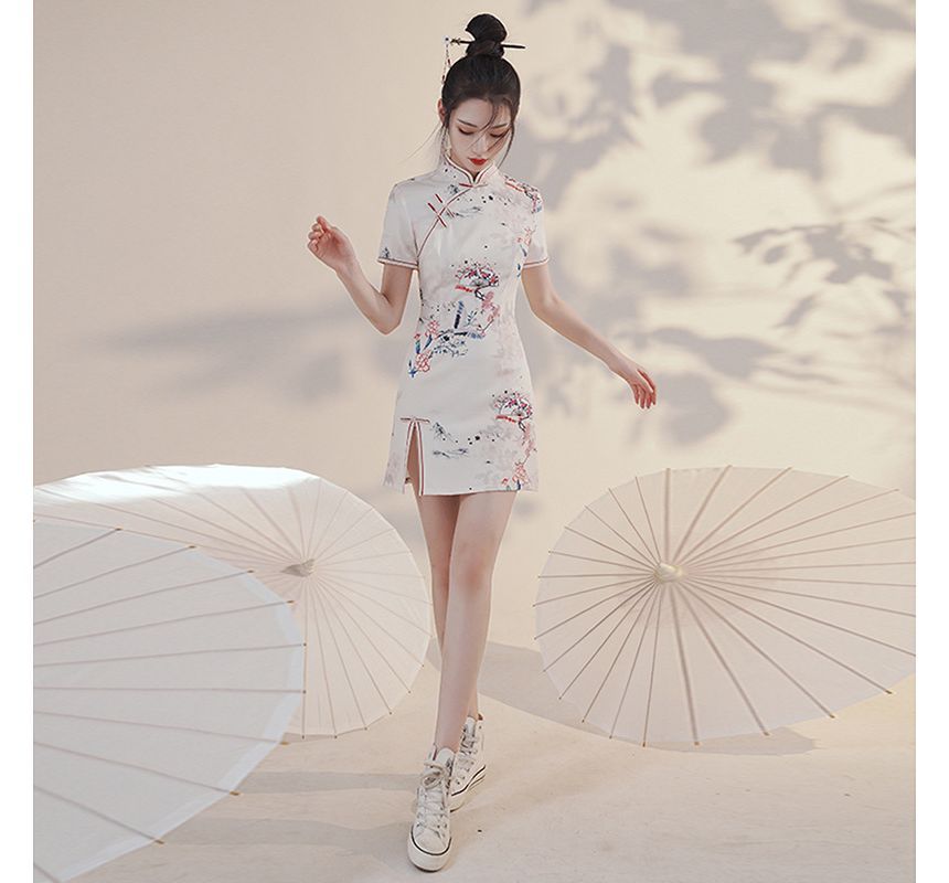 Short-Sleeve Crane Mini Qipao