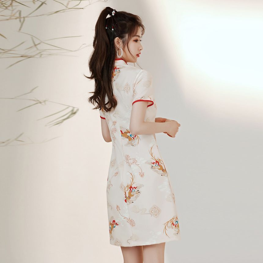 Short-Sleeve Deer Print Mini Qipao