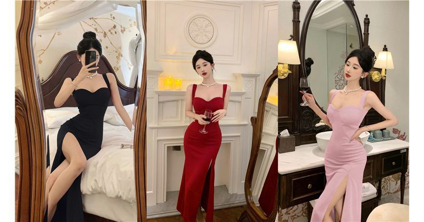 Sweetheart Neck Sleeveless Slit Sheath Maxi Dress