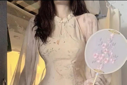 Sleeveless Halter Floral Cutout Midi A-Line Qipao / Light Jacket / Set