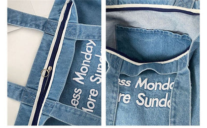 Lettering Washed Denim Tote Bag