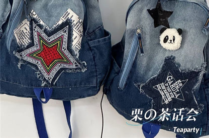 Star Applique Washed Paneled Denim Backpack