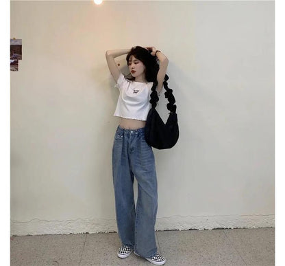 Short-Sleeve Crew Neck Butterfly Embroidered Lettuce Edge Crop T-Shirt