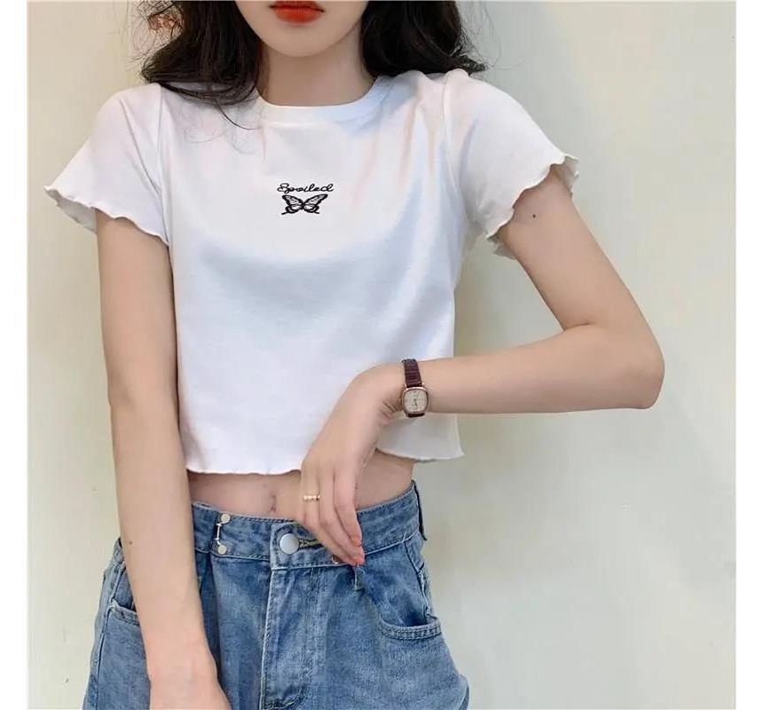 Short-Sleeve Crew Neck Butterfly Embroidered Lettuce Edge Crop T-Shirt