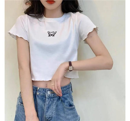 Short-Sleeve Crew Neck Butterfly Embroidered Lettuce Edge Crop T-Shirt