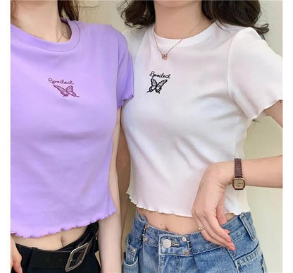 Short-Sleeve Crew Neck Butterfly Embroidered Lettuce Edge Crop T-Shirt