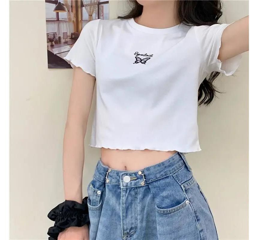 Short-Sleeve Crew Neck Butterfly Embroidered Lettuce Edge Crop T-Shirt