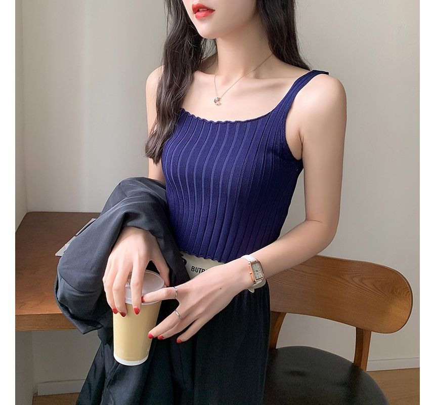 Square Neck Plain Crop Ribbed Knit Tank Top