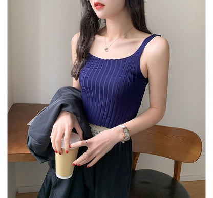 Square Neck Plain Crop Ribbed Knit Tank Top