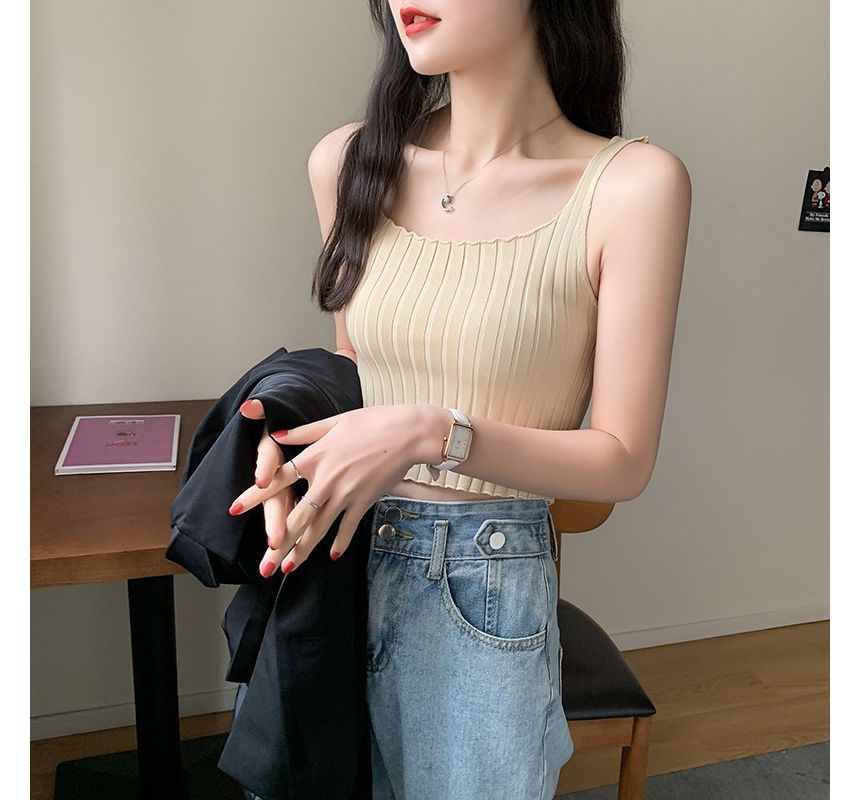 Square Neck Plain Crop Ribbed Knit Tank Top
