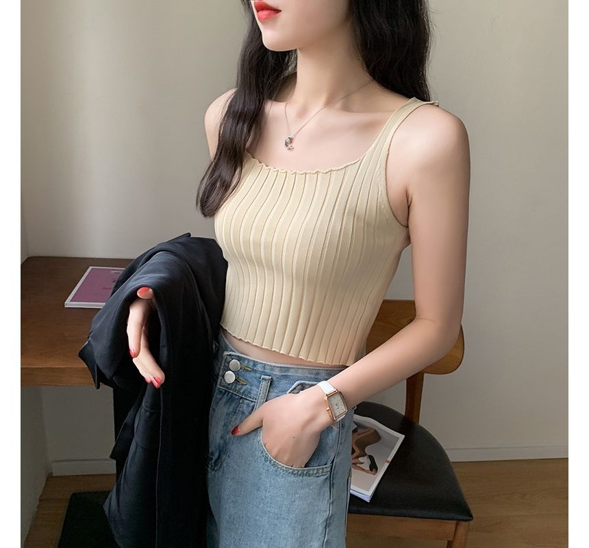 Square Neck Plain Crop Ribbed Knit Tank Top