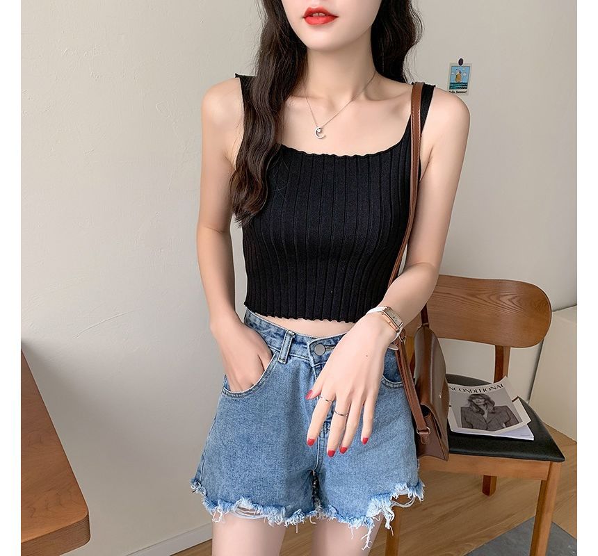 Square Neck Plain Crop Ribbed Knit Tank Top