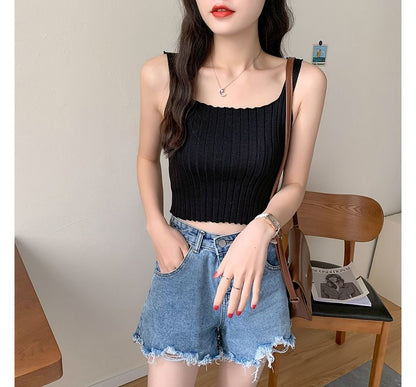 Square Neck Plain Crop Ribbed Knit Tank Top