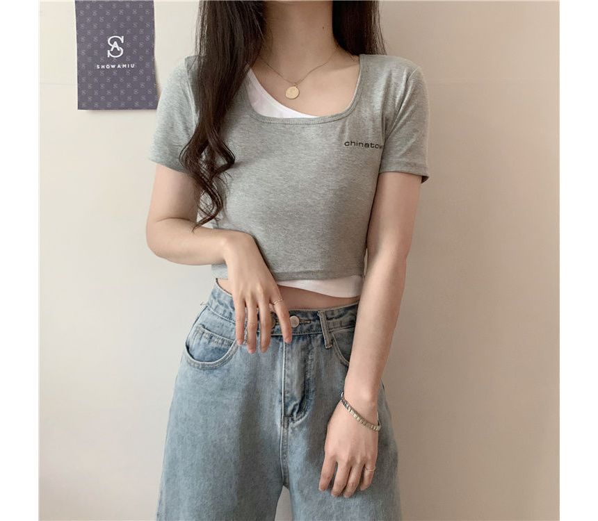 Mock Two-Piece Short-Sleeve Lettering Crop T-Shirt