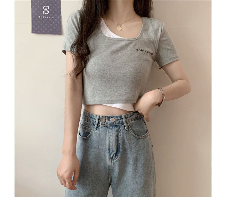 Mock Two-Piece Short-Sleeve Lettering Crop T-Shirt