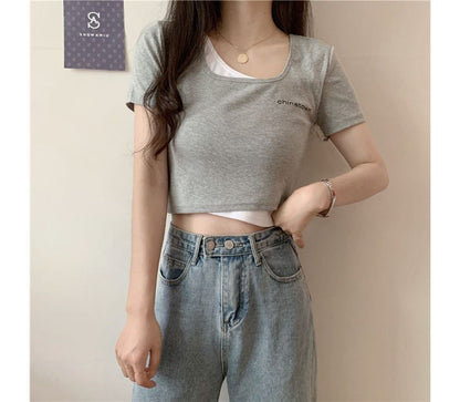 Mock Two-Piece Short-Sleeve Lettering Crop T-Shirt