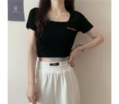 Mock Two-Piece Short-Sleeve Lettering Crop T-Shirt