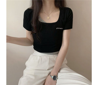 Mock Two-Piece Short-Sleeve Lettering Crop T-Shirt