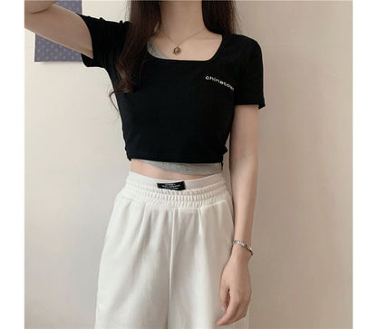 Mock Two-Piece Short-Sleeve Lettering Crop T-Shirt