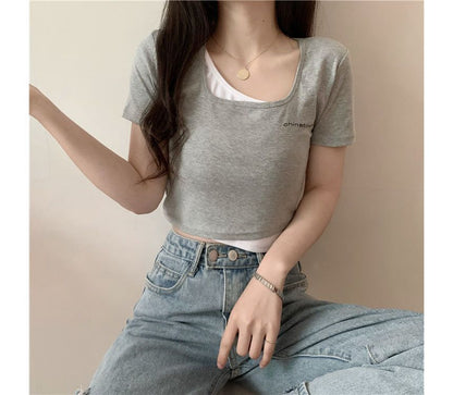 Mock Two-Piece Short-Sleeve Lettering Crop T-Shirt