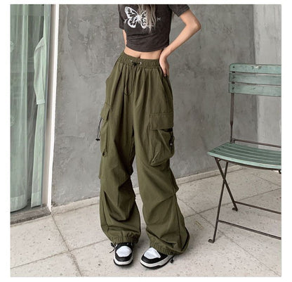 Drawstring Waist Plain Wide Leg Cargo Pants