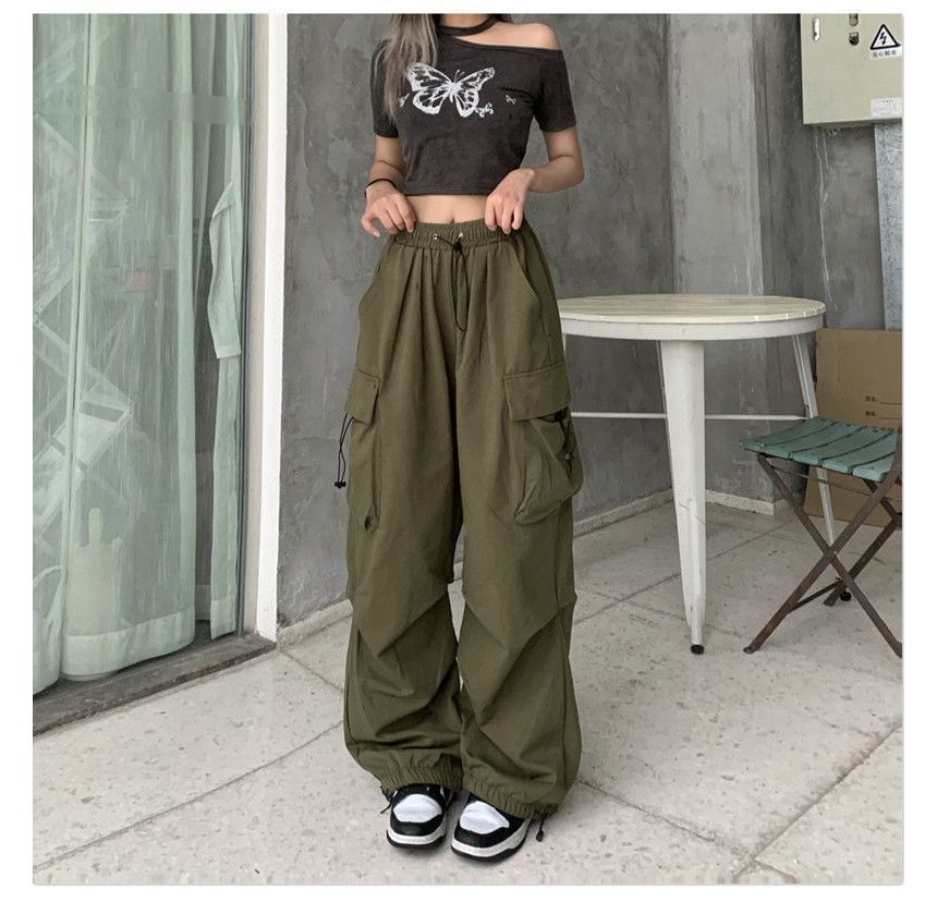 Drawstring Waist Plain Wide Leg Cargo Pants