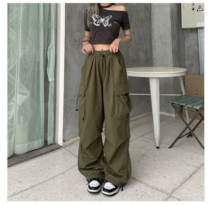 Drawstring Waist Plain Wide Leg Cargo Pants
