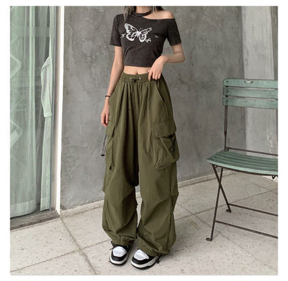 Drawstring Waist Plain Wide Leg Cargo Pants
