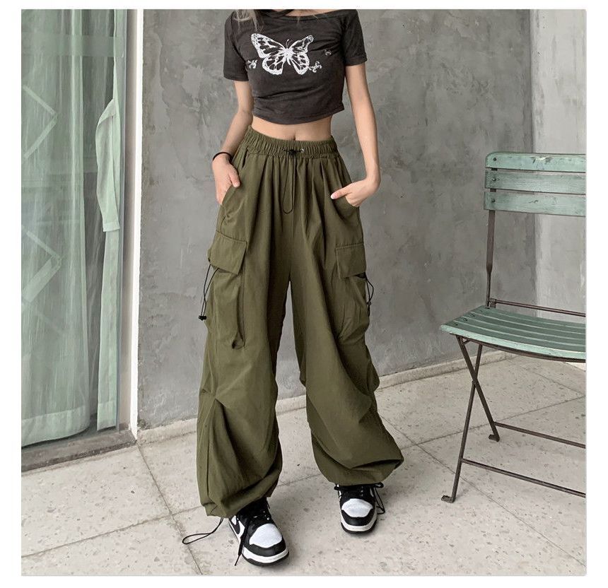 Drawstring Waist Plain Wide Leg Cargo Pants