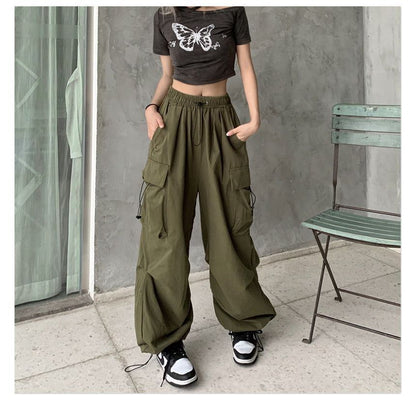 Drawstring Waist Plain Wide Leg Cargo Pants