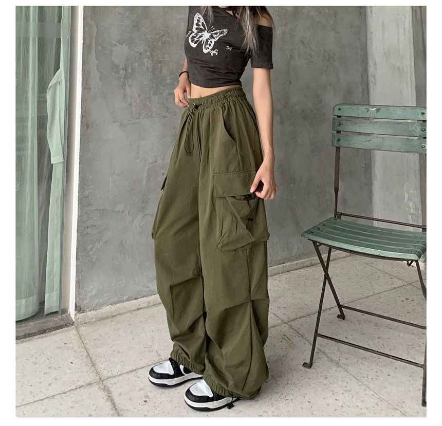 Drawstring Waist Plain Wide Leg Cargo Pants