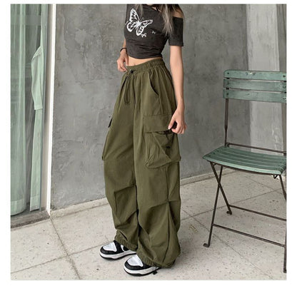 Drawstring Waist Plain Wide Leg Cargo Pants