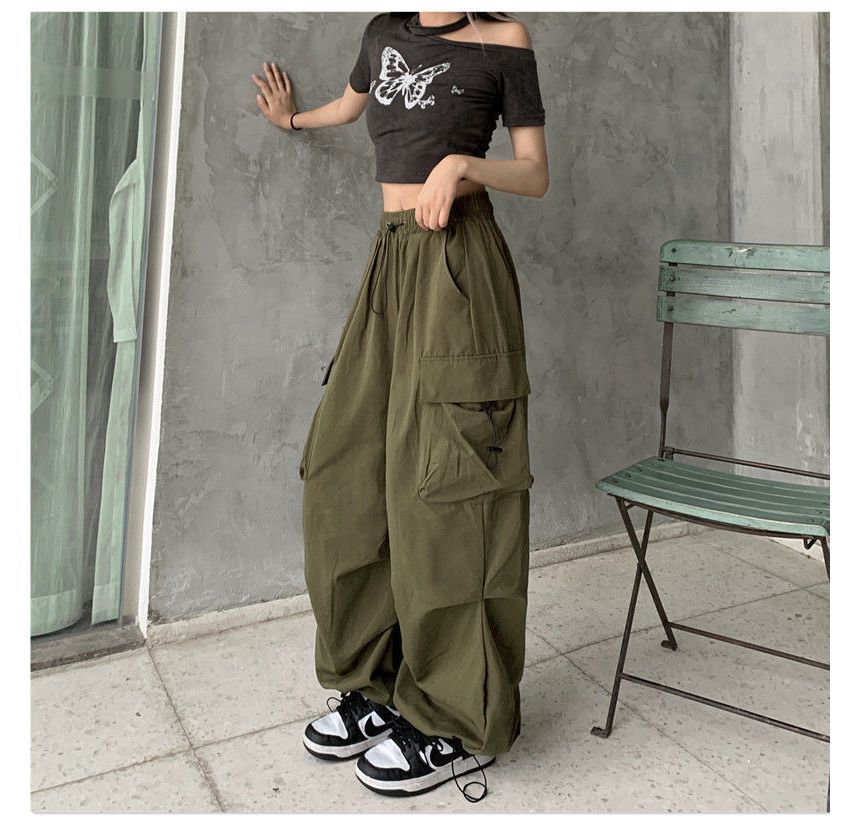 Drawstring Waist Plain Wide Leg Cargo Pants