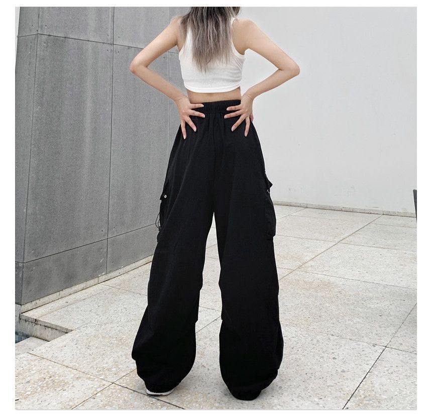 Drawstring Waist Plain Wide Leg Cargo Pants
