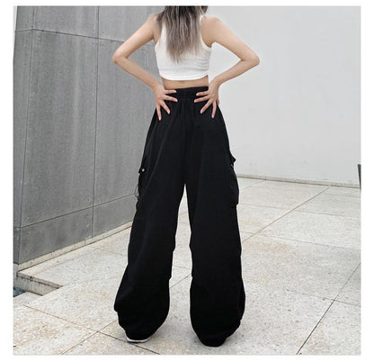 Drawstring Waist Plain Wide Leg Cargo Pants