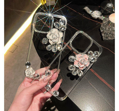 Floral Rhinestone Transparent Phone Case