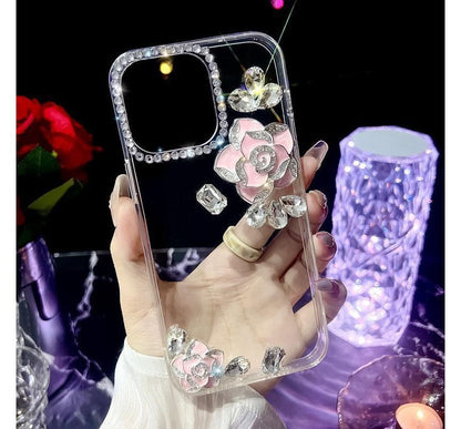 Floral Rhinestone Transparent Phone Case