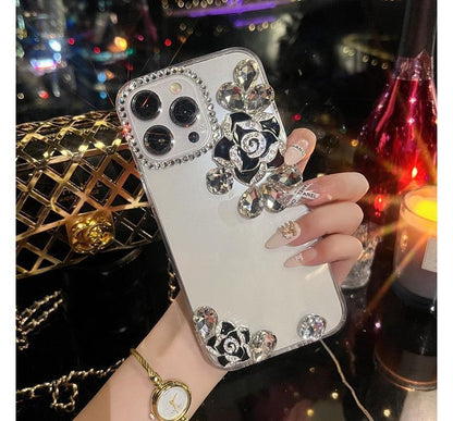 Floral Rhinestone Transparent Phone Case