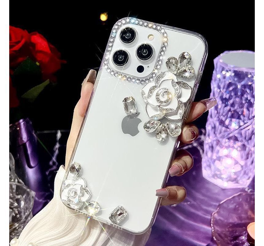 Floral Rhinestone Transparent Phone Case - iPhone 14 Pro Max / 14 Pro / 14 Max / 14 / 13 Pro Max / 13 Pro / 13 / 13 mini / 12 Pro Max / 12 Pro / 12 / 12 mini / 11 Pro Max / 11 Pro / 11 / SE / XS Max / XS / XR / X / 8 / 8 Plus / 7 / 7 Plus