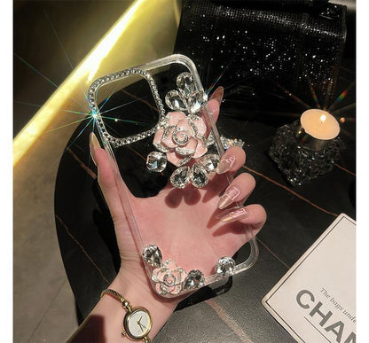 Floral Rhinestone Transparent Phone Case