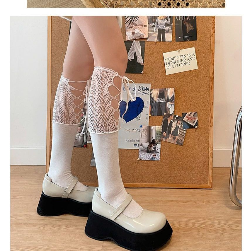 Lace Panel Tie Front Plain Socks