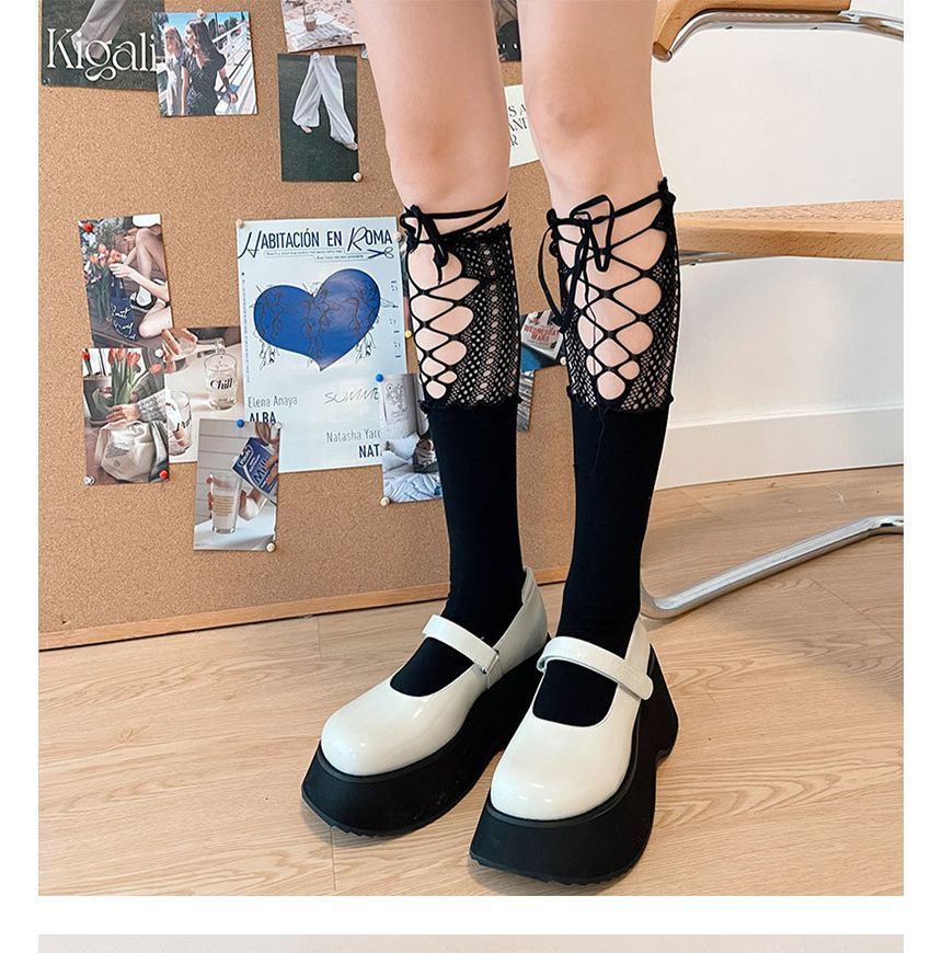 Lace Panel Tie Front Plain Socks